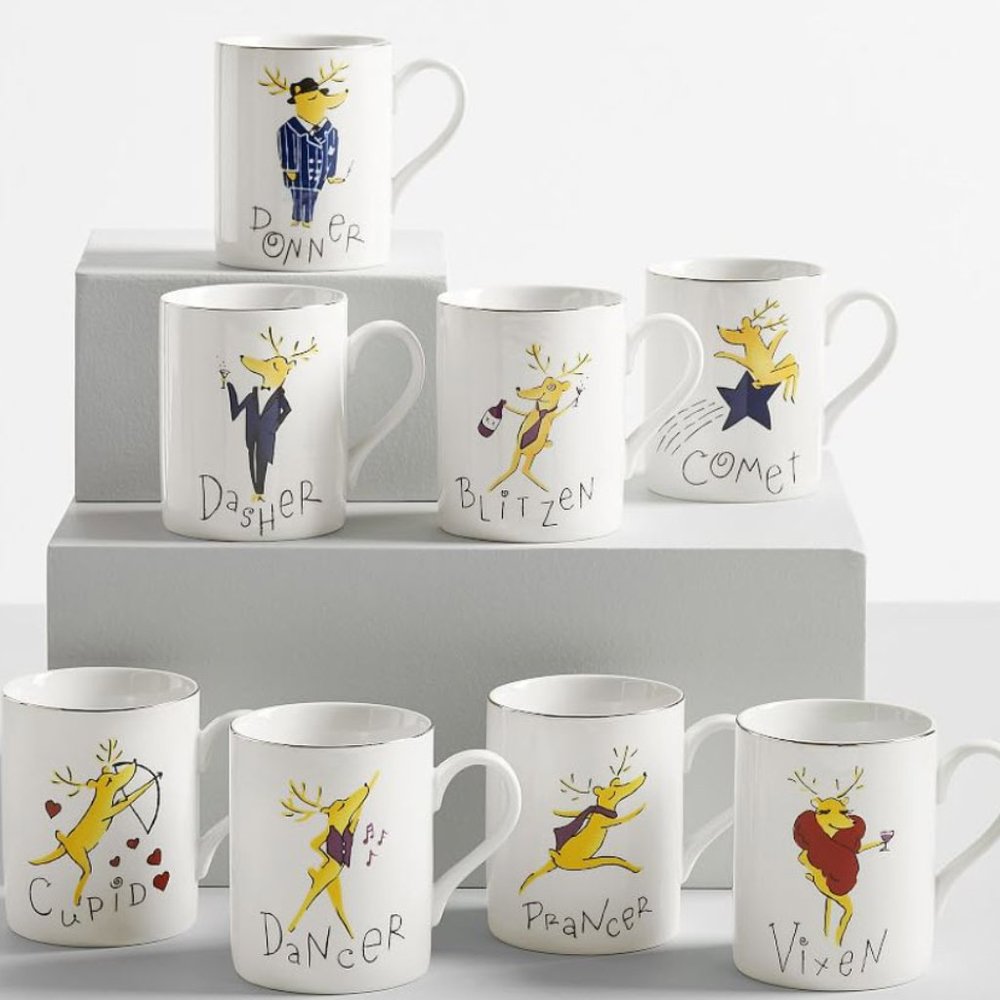 Pottery Barn Santa's Reindeer Mugs - Set of 3